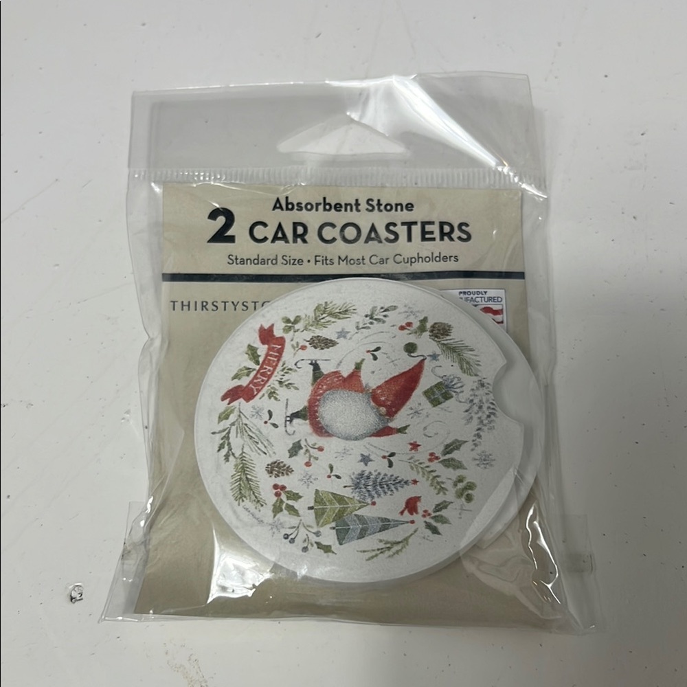 Thirsty Stone 2 Absorbent Stone Car Coasters Merry Christmas Elf